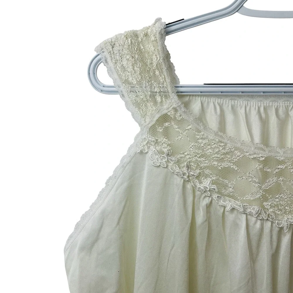 Vtg Midi Ivory Lace Nightgown Pajama Slip Nylon Satin Chemise Stretch Comfort XL - Picture 3 of 5